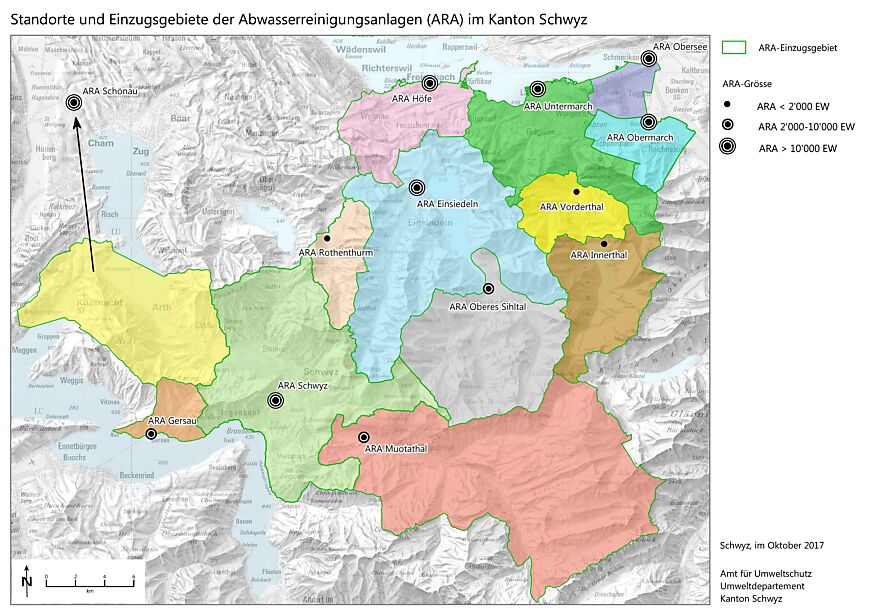 Standorte und Einzugsgebiete der Abwasserreinigungsanlagen (ARA)