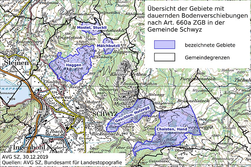 Übersicht der Gebiete mit dauernden Bodenverschiebungen nach Art. 660a ZGB in der Gemeinde Schwyz