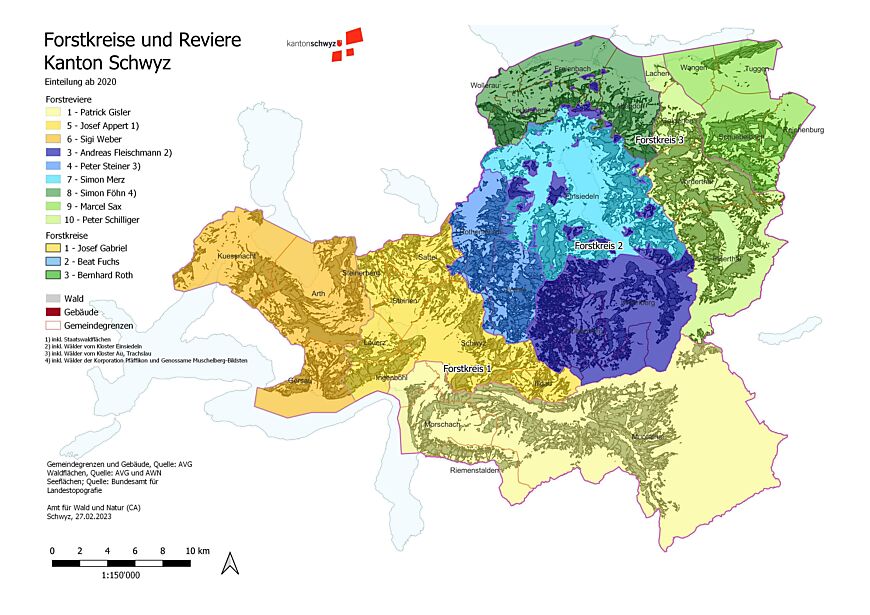 Karte der Forstkreise und -reviere im Kanton Schwyz