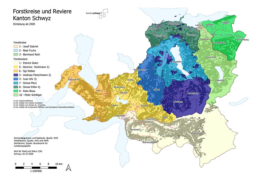 Karte der Forstkreise und -reviere im Kanton Schwyz