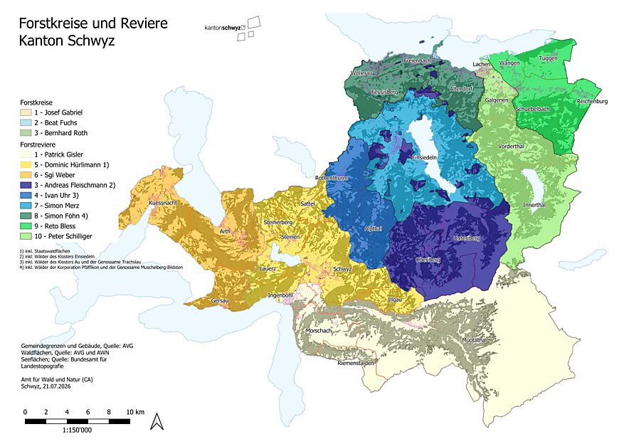 Karte der Forstkreise und -reviere im Kanton Schwyz