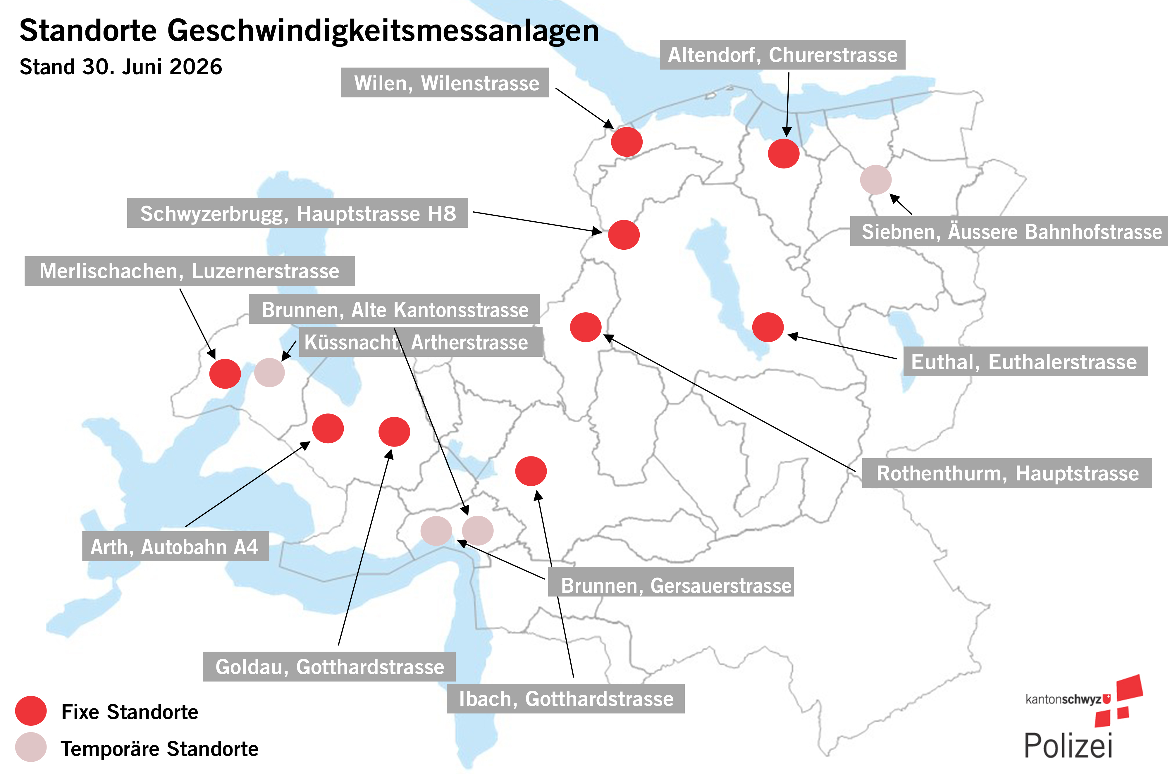 Standorte der Geschwindigkeitsmessanlagen im Kanton Schwyz