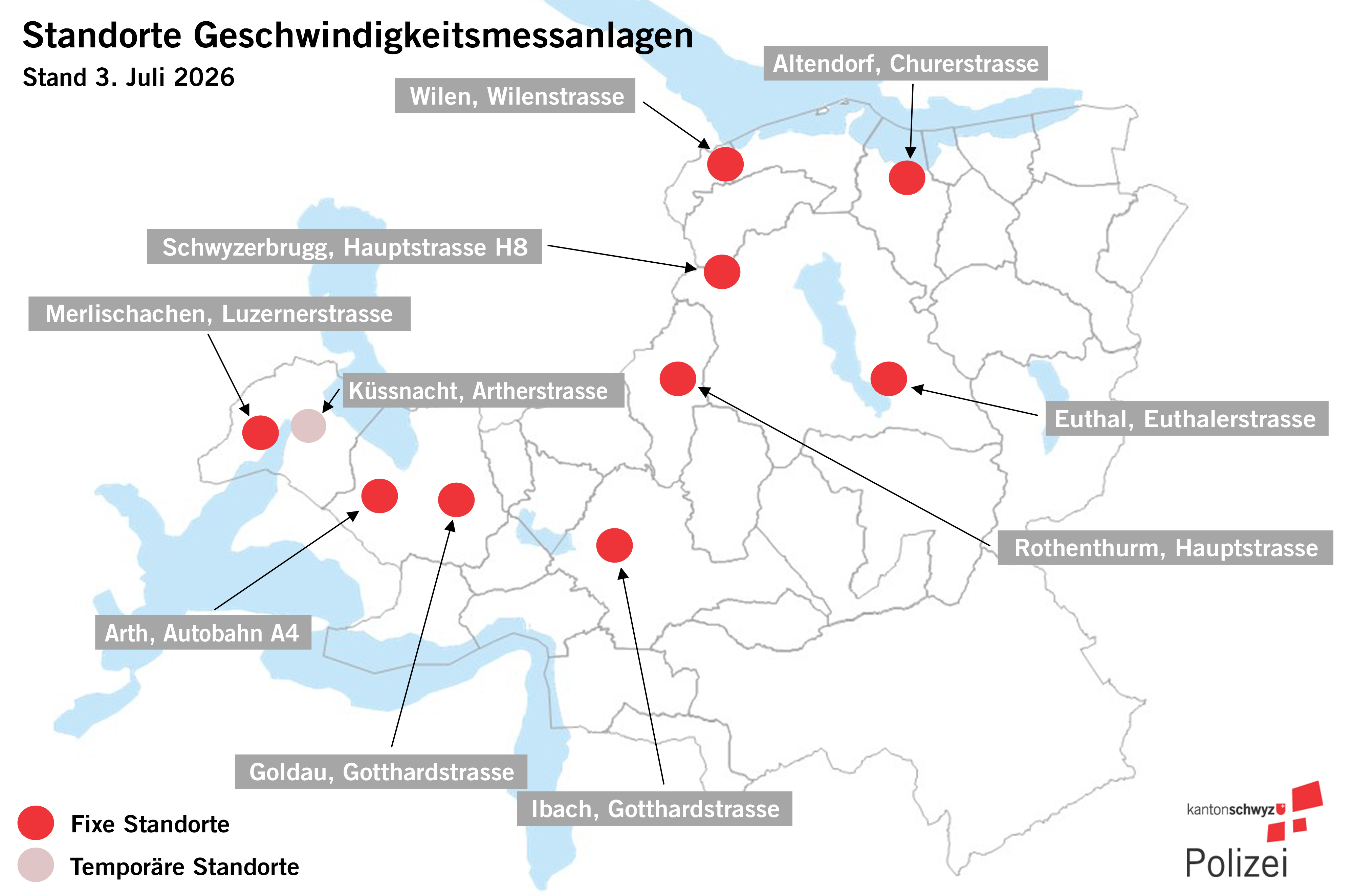 Standorte der Geschwindigkeitsmessanlagen im Kanton Schwyz