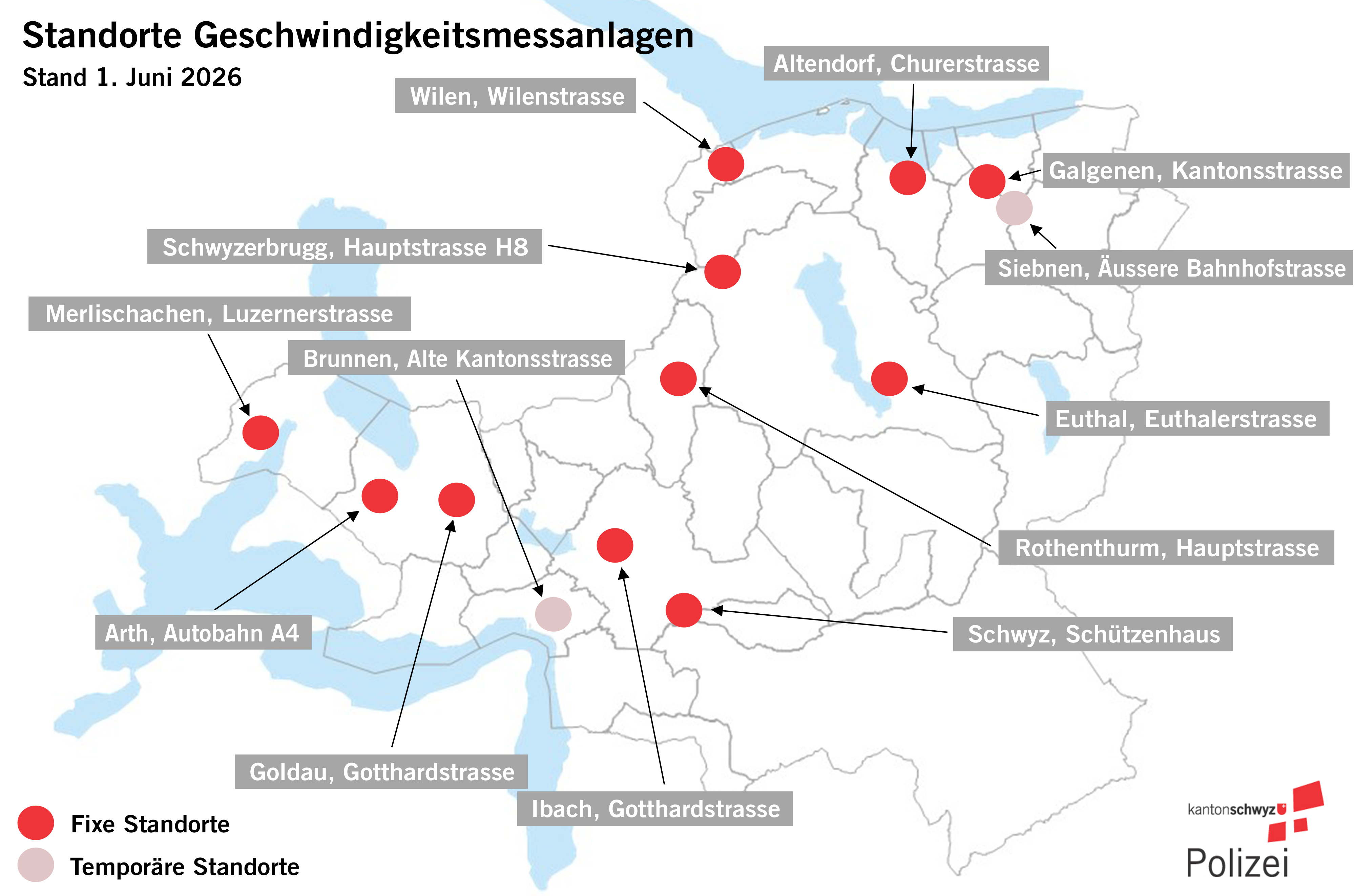 Standorte der Geschwindigkeitsmessanlagen im Kanton Schwyz