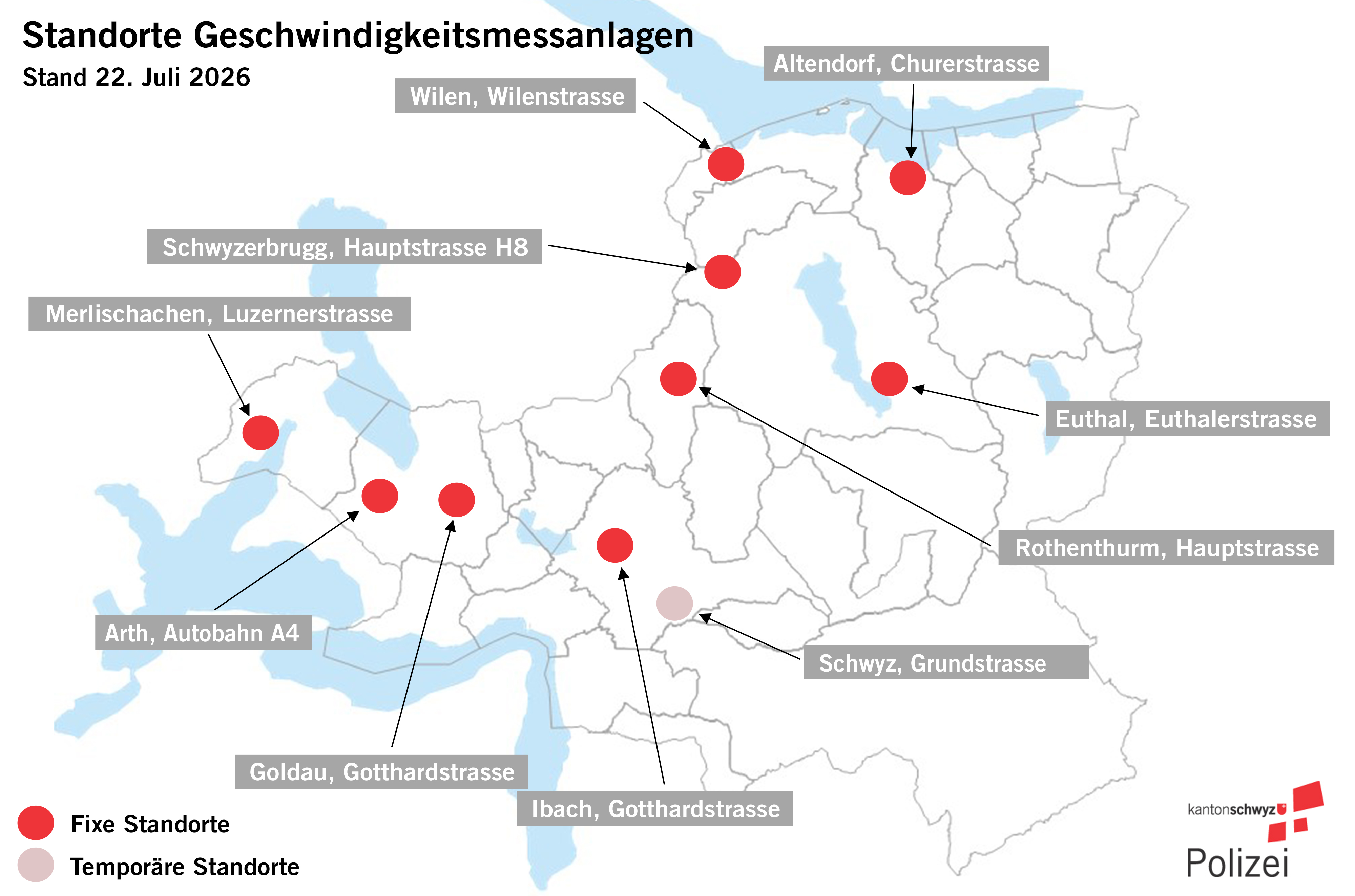 Standorte der Geschwindigkeitsmessanlagen im Kanton Schwyz