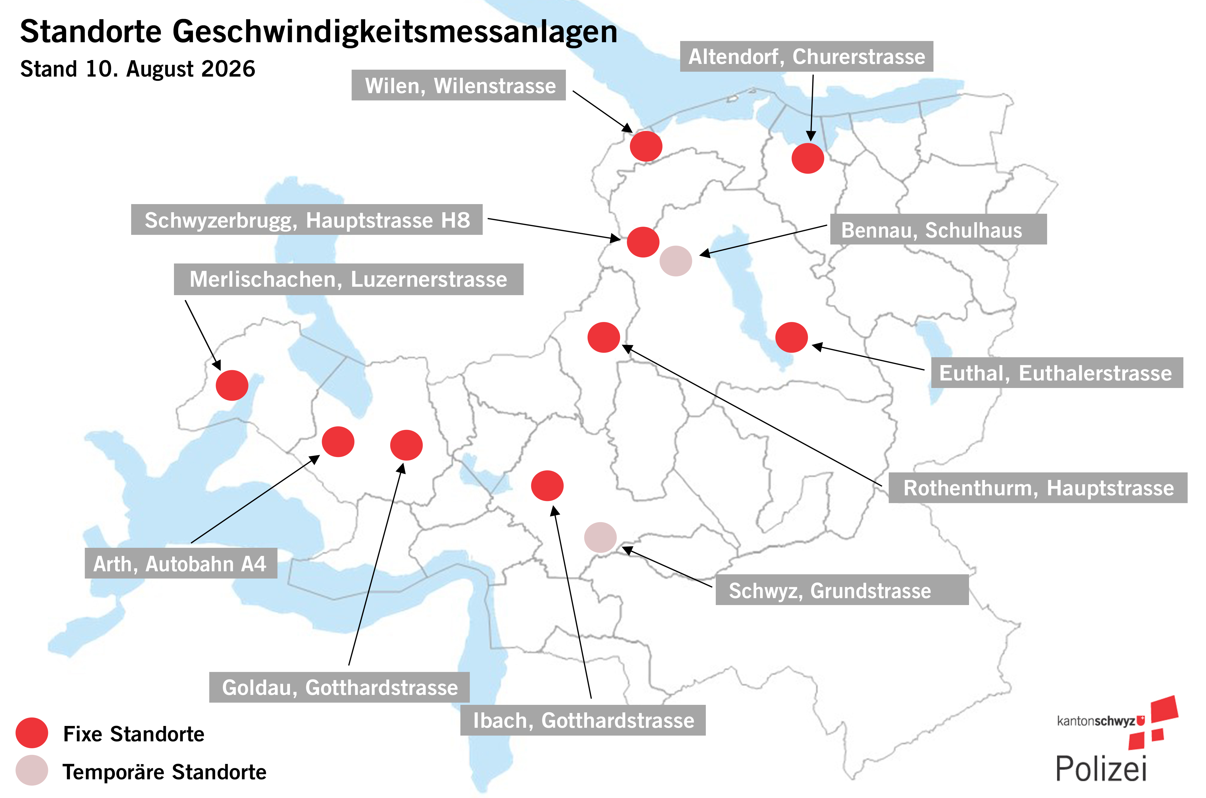 Standorte der Geschwindigkeitsmessanlagen im Kanton Schwyz