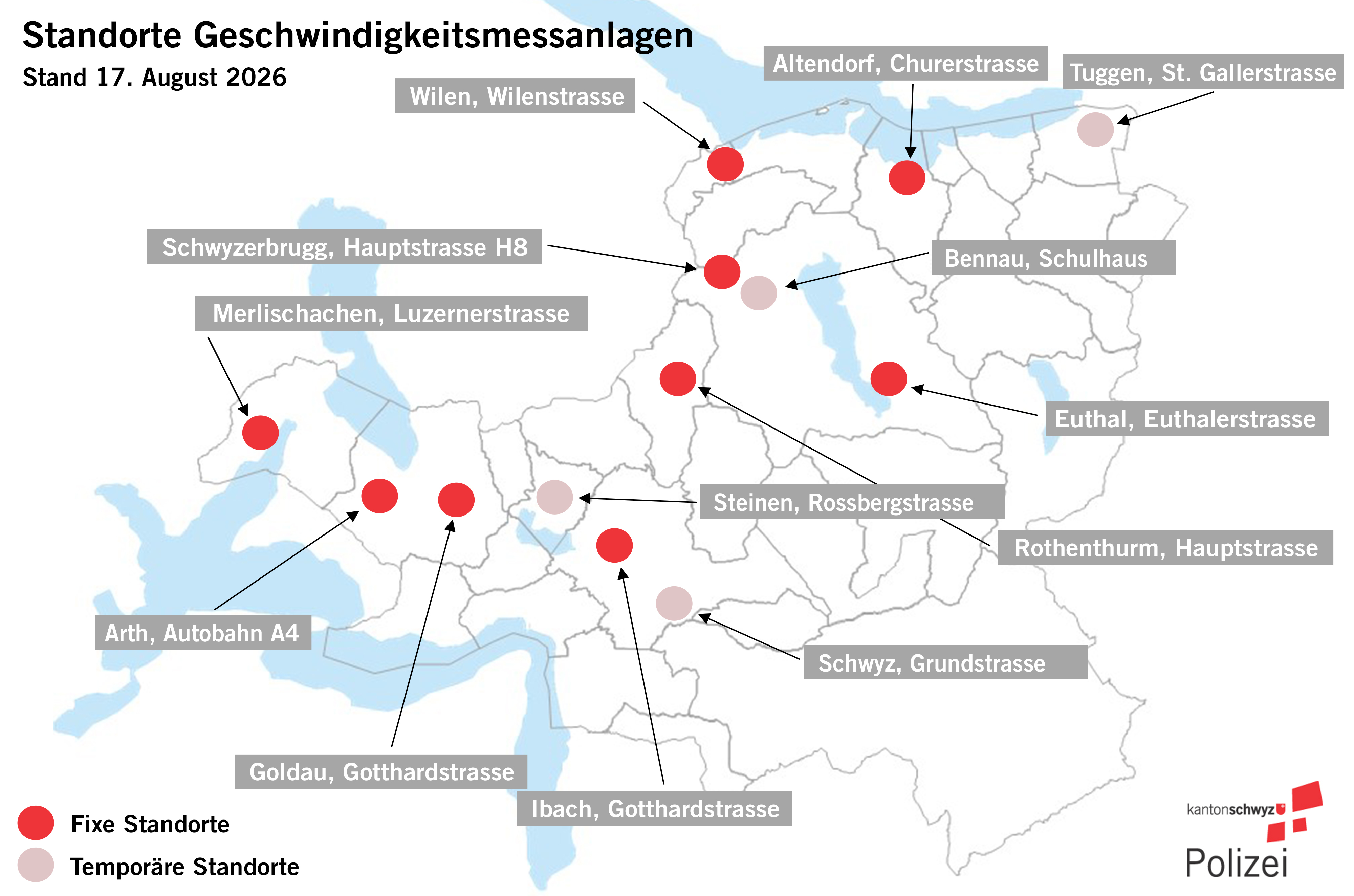 Standorte der Geschwindigkeitsmessanlagen im Kanton Schwyz