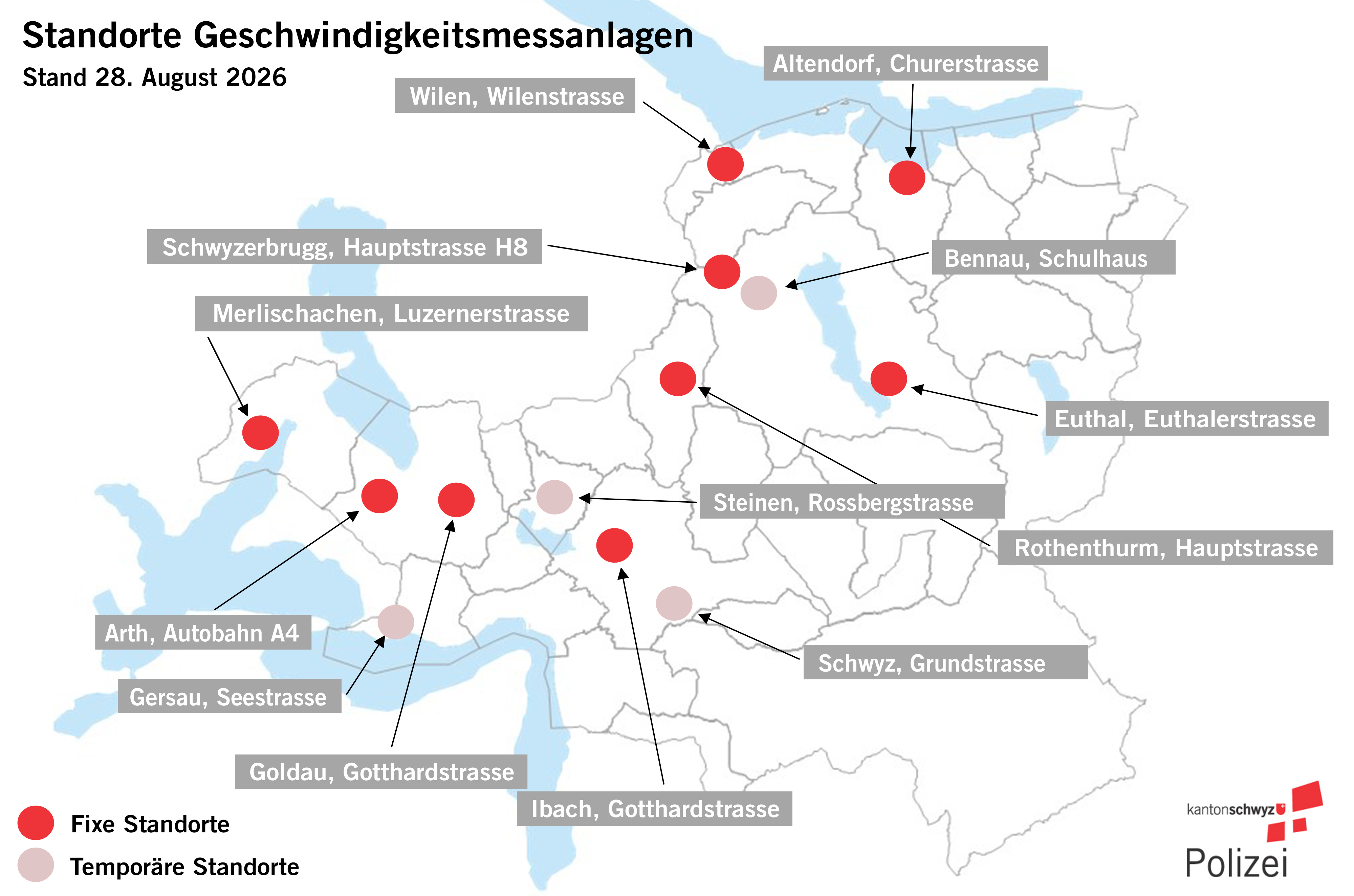 Standorte der Geschwindigkeitsmessanlagen im Kanton Schwyz