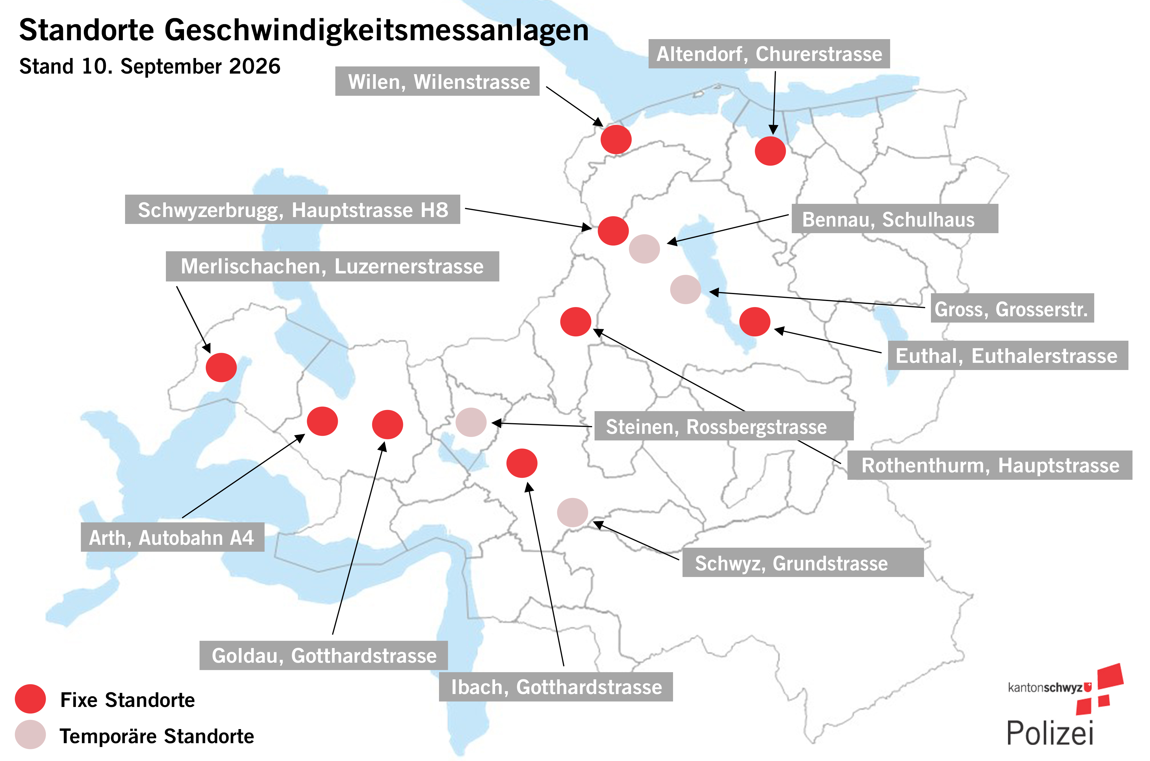Standorte der Geschwindigkeitsmessanlagen im Kanton Schwyz