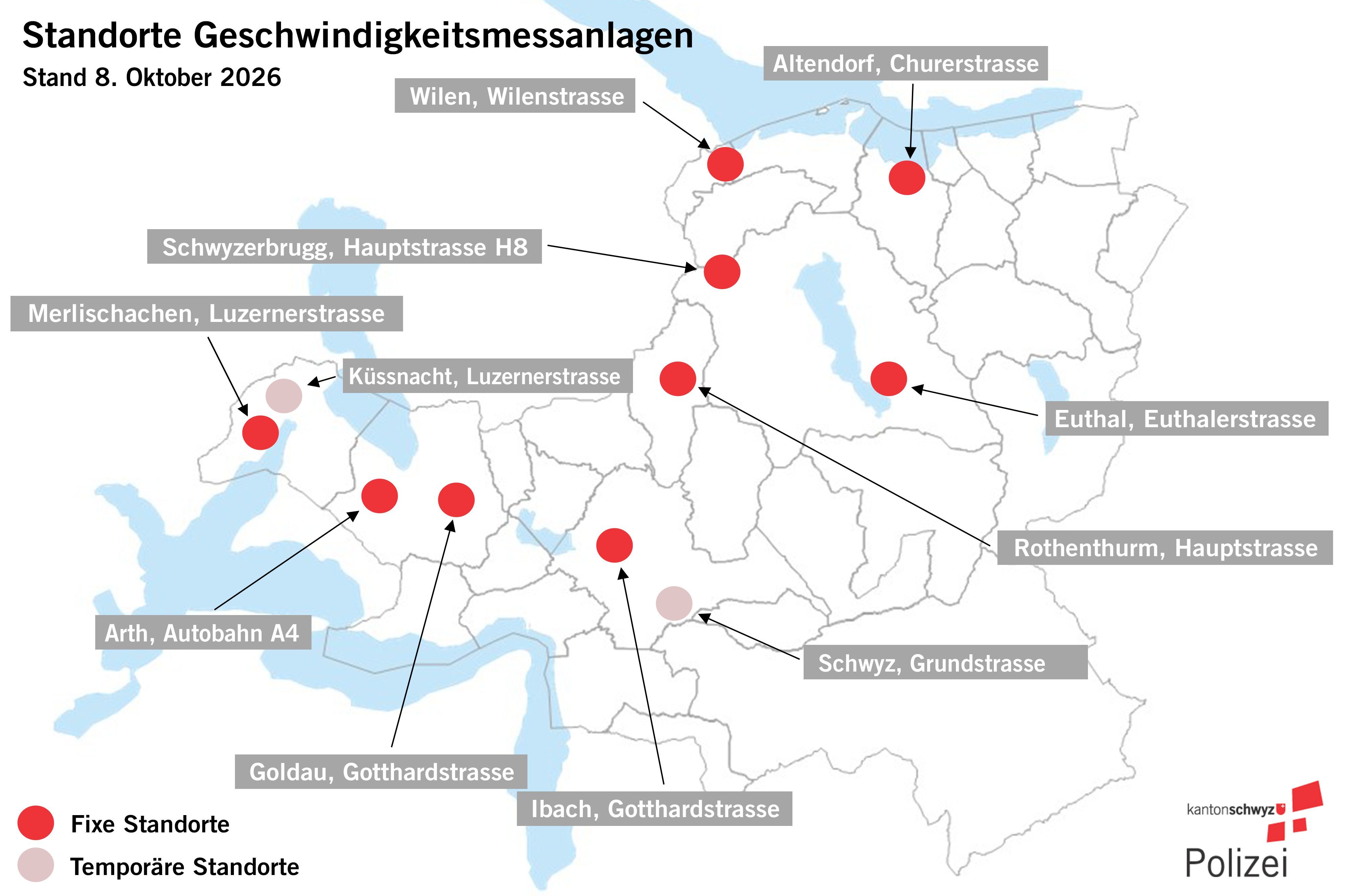 Standorte der Geschwindigkeitsmessanlagen im Kanton Schwyz