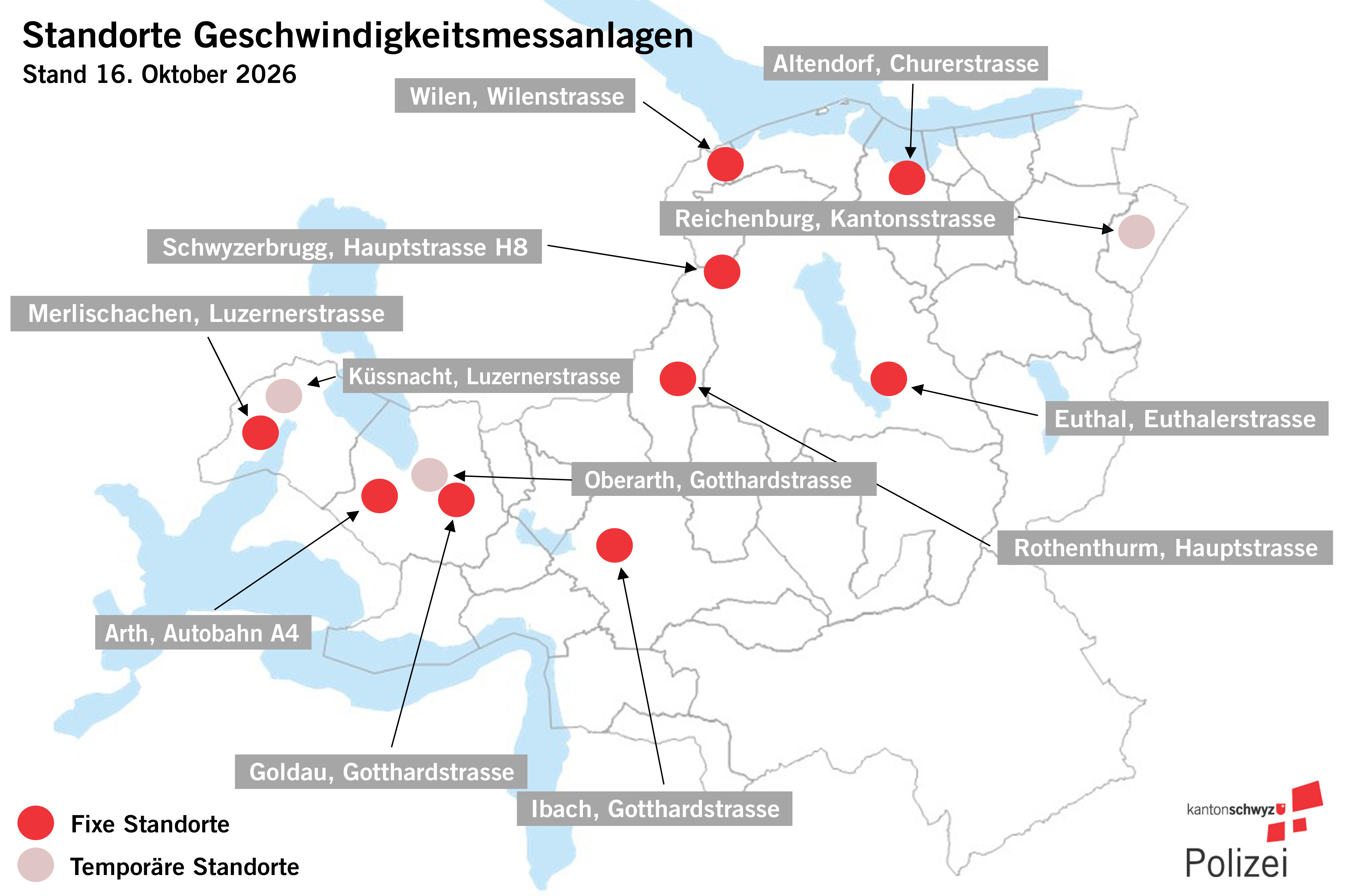 Standorte der Geschwindigkeitsmessanlagen im Kanton Schwyz