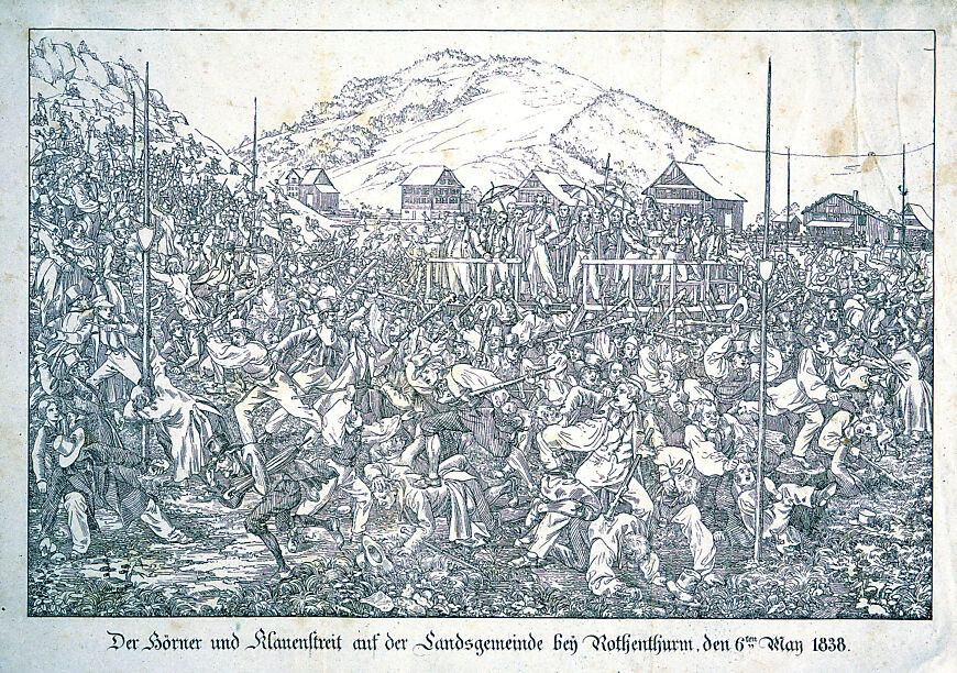 Eine Illustration der Prügellandsgemeinde in Rothenthurm vom Karikaturisten, Maler und Illustrator Martin Disteli (Bild: STASZ, SG.CII.1356)